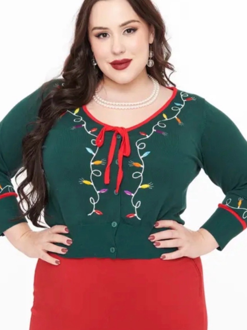 Unique Vintage Plus Size Green Embroidered Holiday Cardigan Sweater
